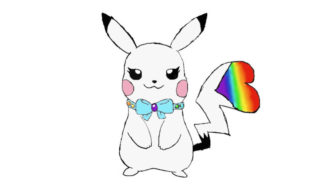 Artis as a white female Picachu from Pokemon with rainbow tail